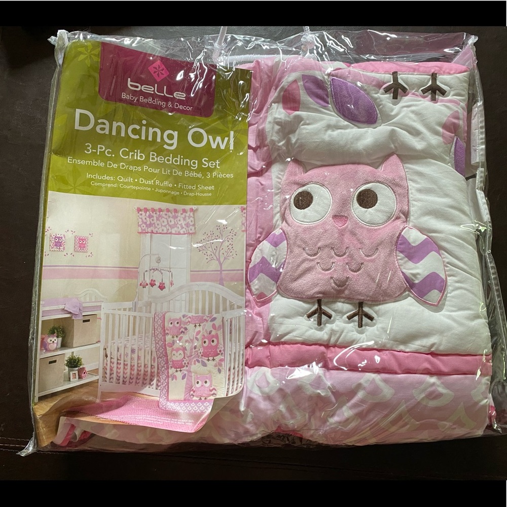 pink owl nursery bedding set